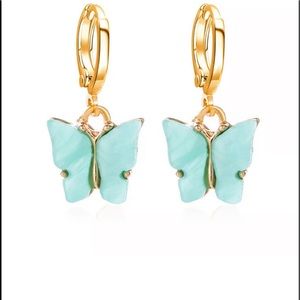 Aqua Gold Tone Butterfly Dangle Earrings